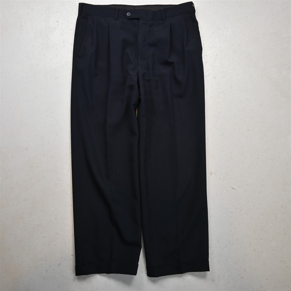 Vtg Bespoke 33x28 Navy Blue Wool Pleated Cuffed High Waist Dress Mens Pants